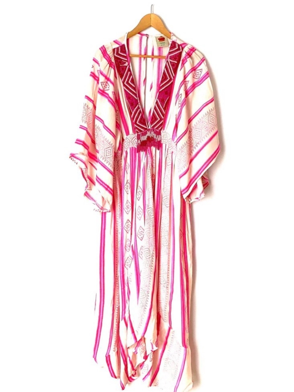 FARM Rio Beaded V Neck Pink and White Jacquard Captain Dress
